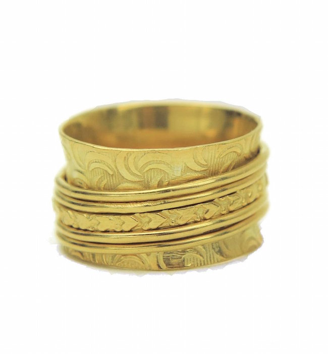 Gold Tone Stamped Metal Wide Band Hearts Spinner Ring Auralee & Co.